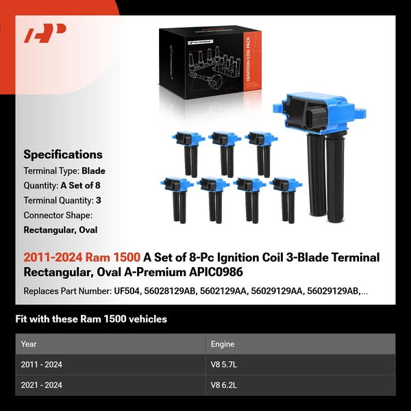 2011-2024 Ram 1500 A Set of 8-Pc Ignition Coil 3-Blade Terminal Rectangular, Oval A-Premium APIC0986
