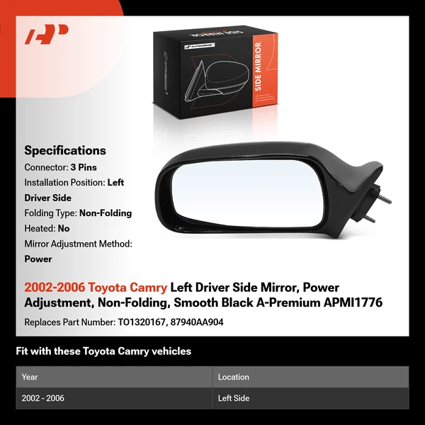 2002-2006 Toyota Camry Left Driver Side Mirror, Power Adjustment, Non-Folding, Smooth Black A-Premium APMI1776