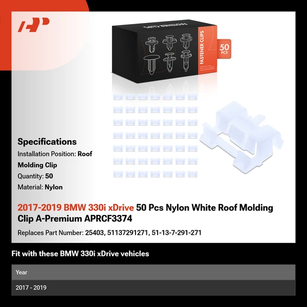 2017-2019 BMW 330i xDrive 50 Pcs Nylon White Roof Molding Clip A-Premium APRCF3374