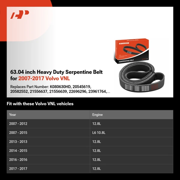 63.04 inch Heavy Duty Serpentine Belt for 2007-2017 Volvo VNL