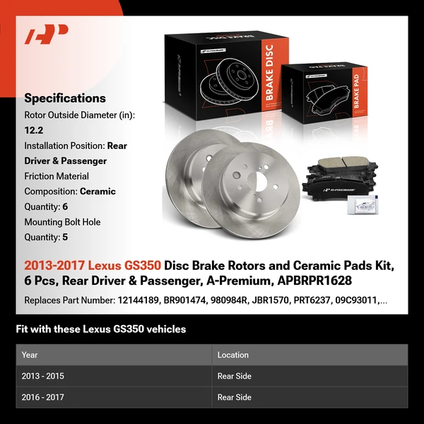 2013-2017 Lexus GS350 Disc Brake Rotors and Ceramic Pads Kit, 6 Pcs, Rear Driver & Passenger, A-Premium, APBRPR1628