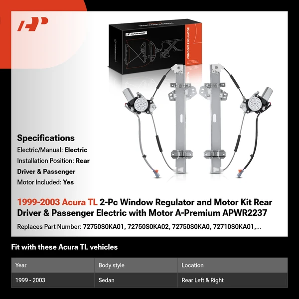 1999-2003 Acura TL 2-Pc Window Regulator and Motor Kit Rear Driver & Passenger Electric with Motor A-Premium APWR2237