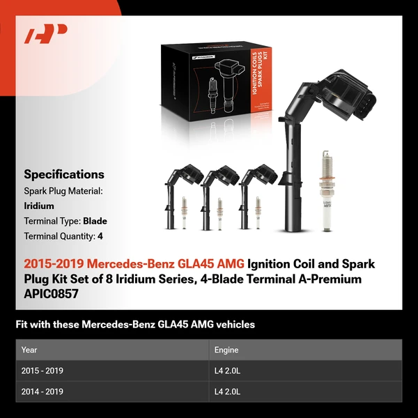 2015-2019 Mercedes-Benz GLA45 AMG Ignition Coil and Spark Plug Kit Set of 8 Iridium Series, 4-Blade Terminal A-Premium APIC0857