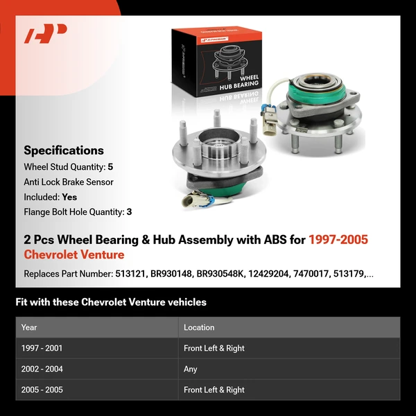 2 Pcs Wheel Bearing & Hub Assembly with ABS for 1997-2005 Chevrolet Venture