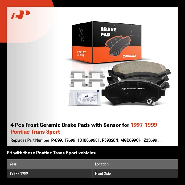 4 Pcs Front Ceramic Brake Pads with Sensor for 1997-1999 Pontiac Trans Sport