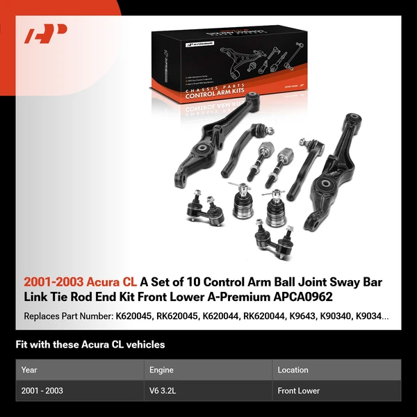 2001-2003 Acura CL A Set of 10 Control Arm Ball Joint Sway Bar Link Tie Rod End Kit Front Lower A-Premium APCA0962