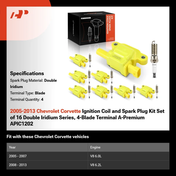 2005-2013 Chevrolet Corvette Ignition Coil and Spark Plug Kit Set of 16 Double Iridium Series, 4-Blade Terminal A-Premium APIC1202