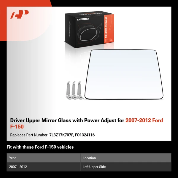 Driver Upper Mirror Glass with Power Adjust for 2007-2012 Ford F-150