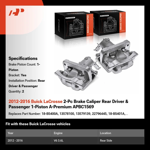 2012-2016 Buick LaCrosse 2-Pc Brake Caliper Rear Driver & Passenger 1-Piston A-Premium APBC1569