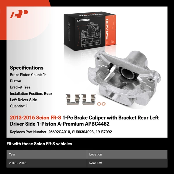 2013-2016 Scion FR-S 1-Pc Brake Caliper with Bracket Rear Left Driver Side 1-Piston A-Premium APBC4482