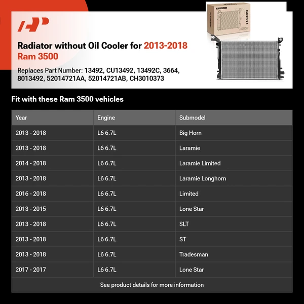 Radiator without Oil Cooler for 2013-2018 Ram 3500