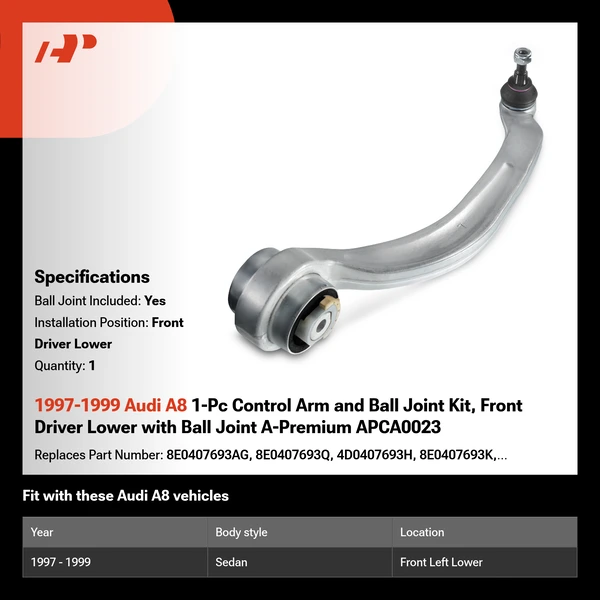 1997-1999 Audi A8 1-Pc Control Arm and Ball Joint Kit, Front Driver Lower with Ball Joint A-Premium APCA0023