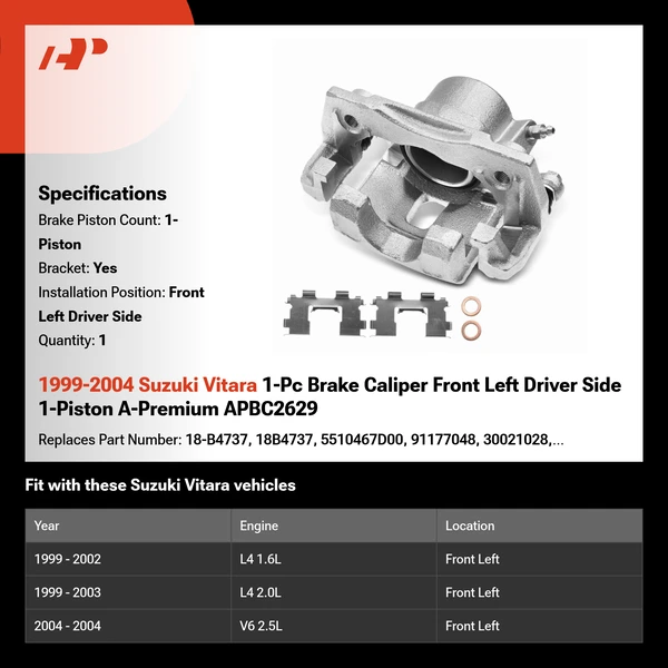 1999-2004 Suzuki Vitara 1-Pc Brake Caliper Front Left Driver Side 1-Piston A-Premium APBC2629