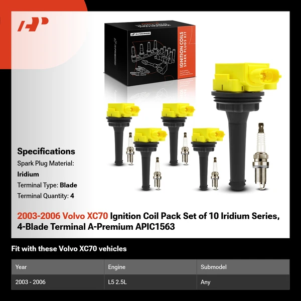 2003-2006 Volvo XC70 Ignition Coil Pack Set of 10 Iridium Series, 4-Blade Terminal A-Premium APIC1563