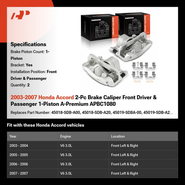 2003-2007 Honda Accord 2-Pc Brake Caliper Front Driver & Passenger 1-Piston A-Premium APBC1080