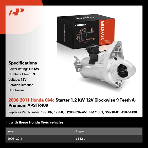 2006-2011 Honda Civic Starter 1.2 KW 12V Clockwise 9 Teeth A-Premium APSTR409