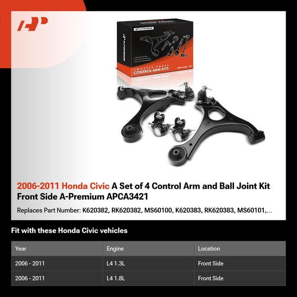 2006-2011 Honda Civic A Set of 4 Control Arm and Ball Joint Kit Front Side A-Premium APCA3421
