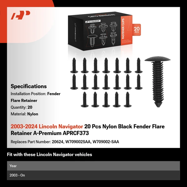 2003-2024 Lincoln Navigator 20 Pcs Nylon Black Fender Flare Retainer A-Premium APRCF373