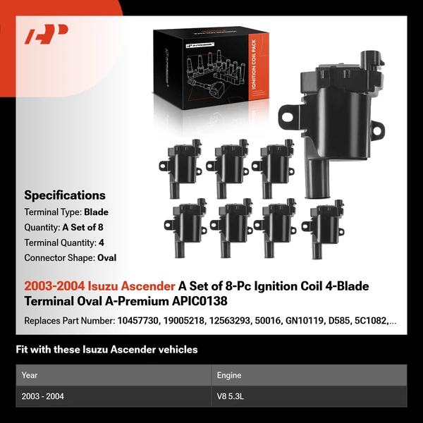 2003-2004 Isuzu Ascender A Set of 8-Pc Ignition Coil 4-Blade Terminal Oval A-Premium APIC0138