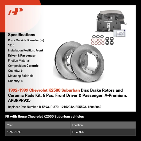 1992-1999 Chevrolet K2500 Suburban Disc Brake Rotors and Ceramic Pads Kit, 6 Pcs, Front Driver & Passenger, A-Premium, APBRPR935