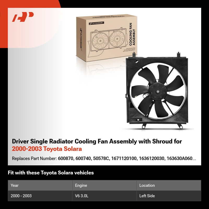 Driver Single Radiator Cooling Fan Assembly with Shroud for 2000-2003 Toyota Solara