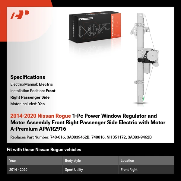 2014-2020 Nissan Rogue 1-Pc Power Window Regulator and Motor Assembly Front Right Passenger Side Electric with Motor A-Premium APWR2916