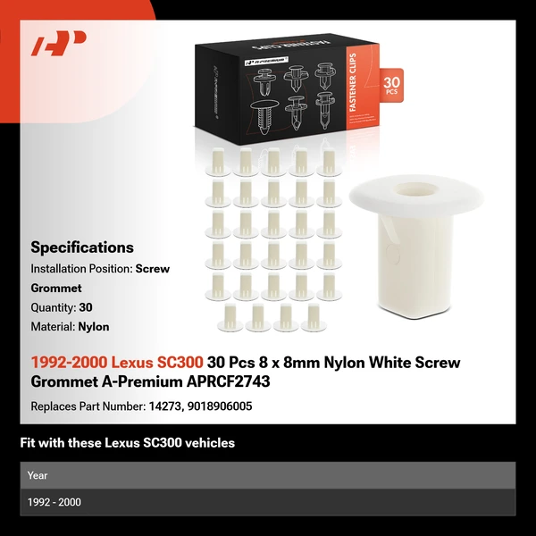 1992-2000 Lexus SC300 30 Pcs 8 x 8mm Nylon White Screw Grommet A-Premium APRCF2743