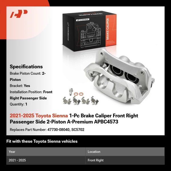 2021-2025 Toyota Sienna 1-Pc Brake Caliper Front Right Passenger Side 2-Piston A-Premium APBC4573