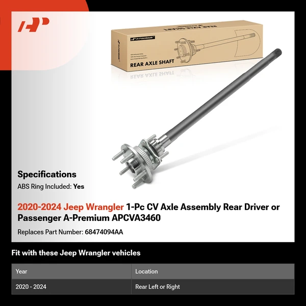 2020-2024 Jeep Wrangler 1-Pc CV Axle Assembly Rear Driver or Passenger A-Premium APCVA3460