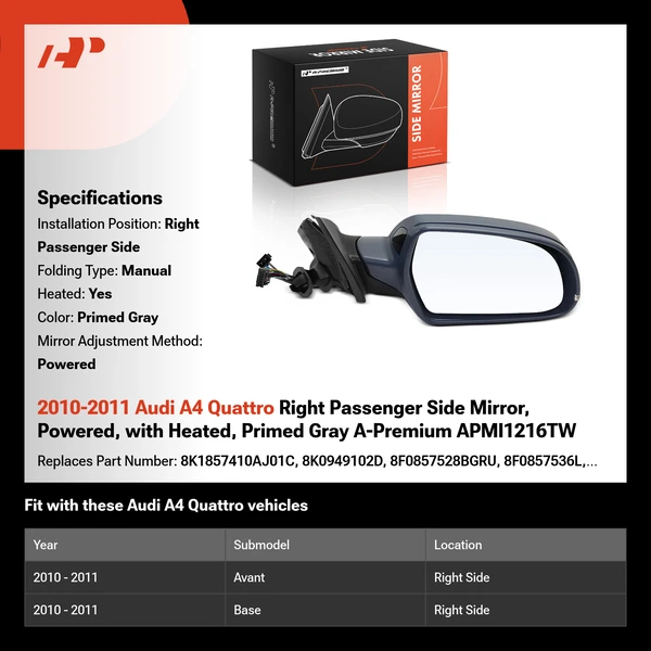 2010-2011 Audi A4 Quattro Right Passenger Side Mirror, Powered, with Heated, Primed Gray A-Premium APMI1216TW