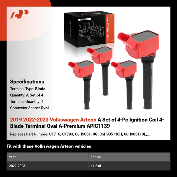 2019 2022-2023 Volkswagen Arteon A Set of 4-Pc Ignition Coil 4-Blade Terminal Oval A-Premium APIC1139