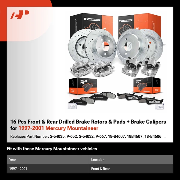 16 Pcs Front & Rear Drilled Brake Rotors & Pads + Brake Calipers for 1997-2001 Mercury Mountaineer