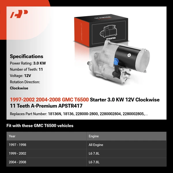 1997-2002 2004-2008 GMC T6500 Starter 3.0 KW 12V Clockwise 11 Teeth A-Premium APSTR417