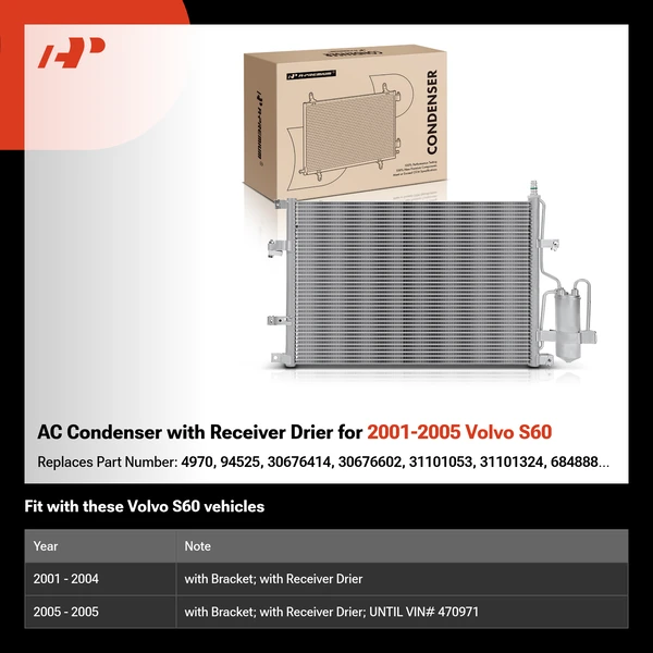 AC Condenser with Receiver Drier for 2001-2005 Volvo S60