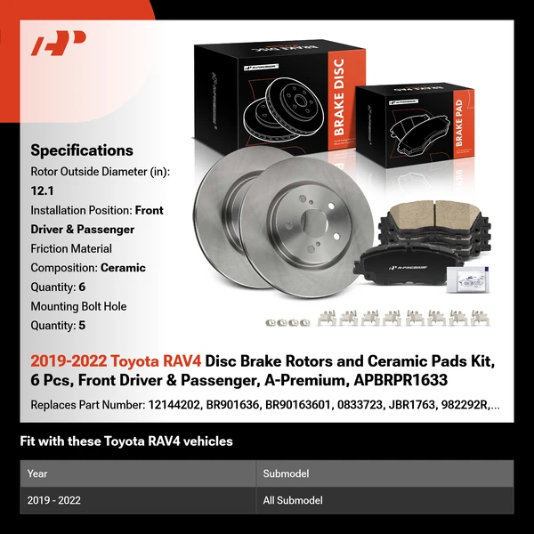 2019-2022 Toyota RAV4 Disc Brake Rotors and Ceramic Pads Kit, 6 Pcs, Front Driver & Passenger, A-Premium, APBRPR1633