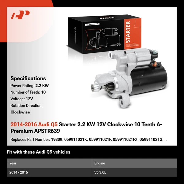 2014-2016 Audi Q5 Starter 2.2 KW 12V Clockwise 10 Teeth A-Premium APSTR639