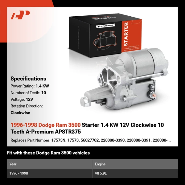 1996-1998 Dodge Ram 3500 Starter 1.4 KW 12V Clockwise 10 Teeth A-Premium APSTR375