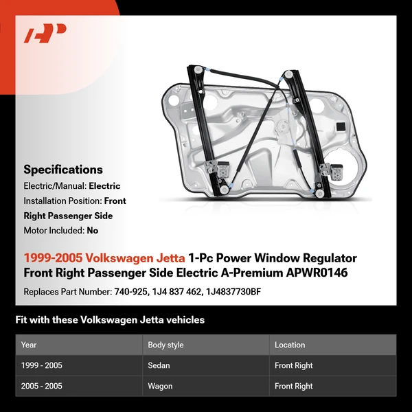 1999-2005 Volkswagen Jetta 1-Pc Power Window Regulator Front Right Passenger Side Electric A-Premium APWR0146