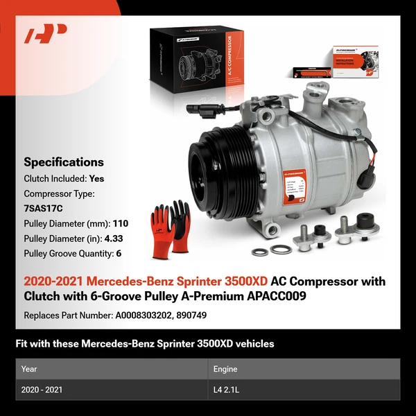 2020-2021 Mercedes-Benz Sprinter 3500XD AC Compressor with Clutch with 6-Groove Pulley A-Premium APACC009