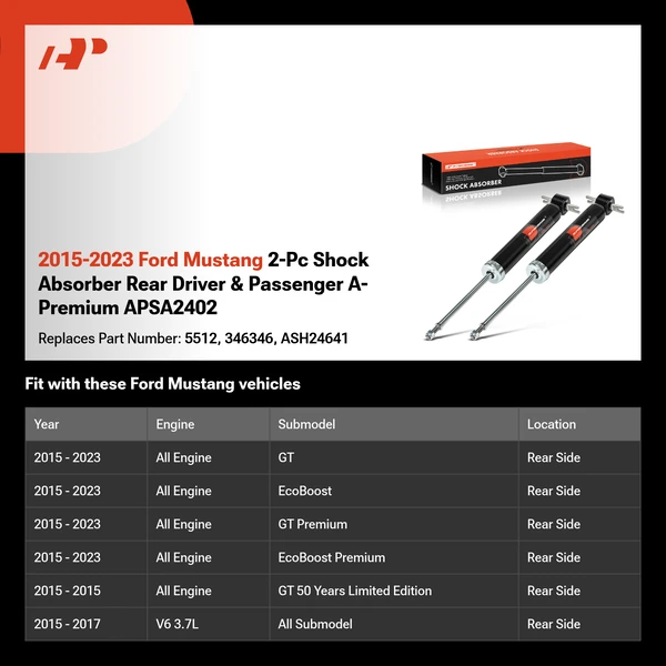2015-2023 Ford Mustang 2-Pc Shock Absorber Rear Driver & Passenger A-Premium APSA2402