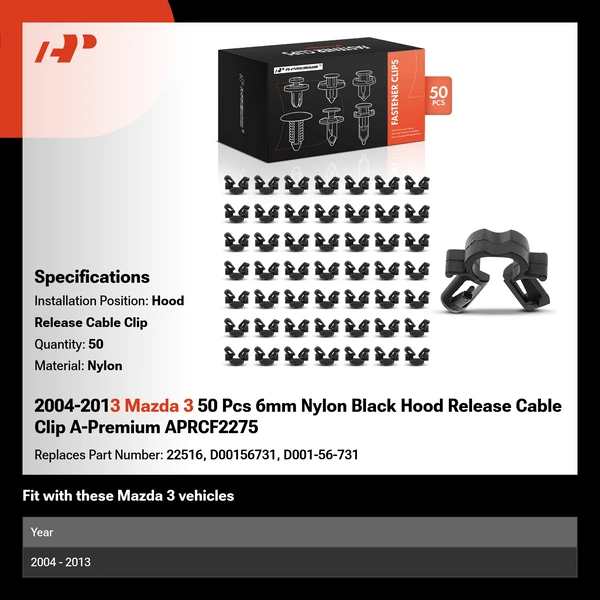 2004-2013 Mazda 3 50 Pcs 6mm Nylon Black Hood Release Cable Clip A-Premium APRCF2275