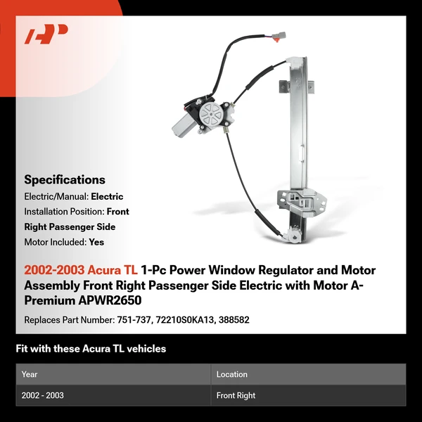 2002-2003 Acura TL 1-Pc Power Window Regulator and Motor Assembly Front Right Passenger Side Electric with Motor A-Premium APWR2650