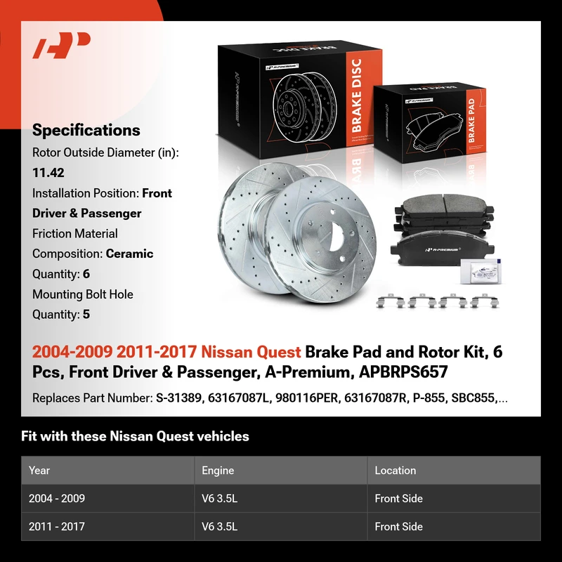 2004-2009 2011-2017 Nissan Quest Drilled & Slotted Disc Brake Rotors and Ceramic Pads Kit, 6 Pcs, Front Driver & Passenger, A-Premium, APBRPS657