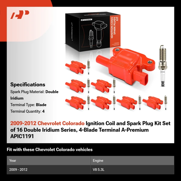 2009-2012 Chevrolet Colorado Ignition Coil and Spark Plug Kit Set of 16 Double Iridium Series, 4-Blade Terminal A-Premium APIC1191
