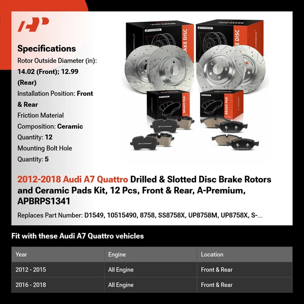 2012-2018 Audi A7 Quattro Drilled & Slotted Disc Brake Rotors and Ceramic Pads Kit, 12 Pcs, Front & Rear, A-Premium, APBRPS1341