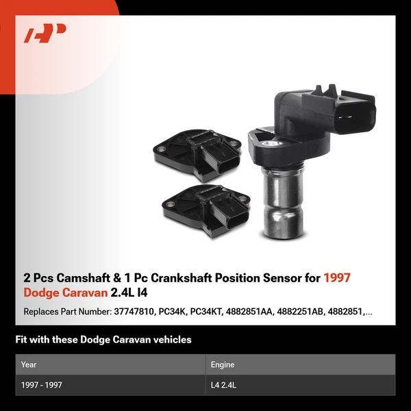 2 Pcs Camshaft & 1 Pc Crankshaft Position Sensor for 1997 Dodge Caravan 2.4L l4