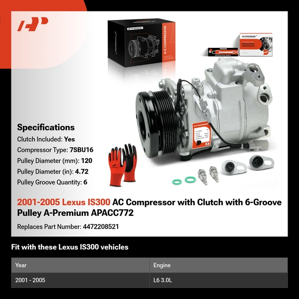 2001-2005 Lexus IS300 AC Compressor with Clutch with 6-Groove Pulley A-Premium APACC772