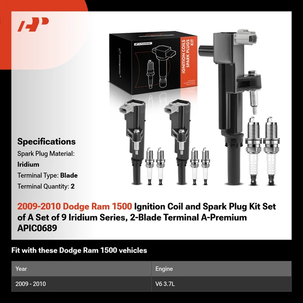 2009-2010 Dodge Ram 1500 Ignition Coil and Spark Plug Kit Set of A Set of 9 Iridium Series, 2-Blade Terminal A-Premium APIC0689