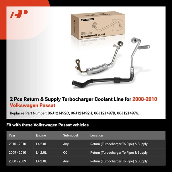 2 Pcs Return & Supply Turbocharger Coolant Line for 2008-2010 Volkswagen Passat