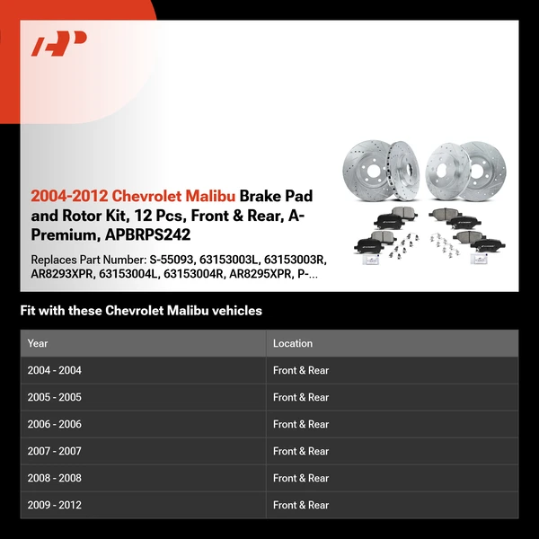 2004-2012 Chevrolet Malibu Brake Pad and Rotor Kit, 12 Pcs, Front & Rear, A-Premium, APBRPS242